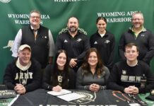 
			
				                                Wyoming Area recently held a signing ceremony to celebrate Taylor Gashis decision to accept her nomination to attend Army West Point and compete in track and field. From left, first row: Ed Gashi, father; Taylor Gashi; Lacy Gashi, mother; and Hunter Gashi, brother. Second row: Jon Pollard, superintendent; Joe Pizano, athletic director/head coach; Kristen Lombardo, assistant coach; and Greg Riley, principal.
                                 Submitted Photo

			
		