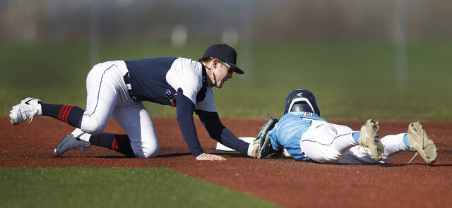 132026983_web1_pit_dal1_faa
Pittston Areas Silvio Giardina tags out Brady Mizzerof Dallas in the second inning on April 9.
Fred Adams file photo | For Sunday Dispatch