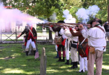 
			
				                                Reenactors from the 24th Connecticut Militia fire their muskets during the First to Fall program at West Pittstons Jenkins-Harding Cemetery on Sunday, honoring Benjamin and Stukley Harding, who died in an ambush by the Indians on June 30, 1778. 
                                 Tony Callaio file photo | For Sunday Dispatch

			
		