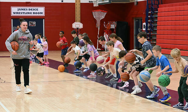 <p>Mia Hopkins, left, drills basketball athletes during camp at Pittston Area.</p>
<p>Tony Callaio | For Sunday Dispatch</p>
