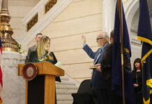 
			
				                                Tim McGinley takes the oath of office as Luzerne Countys new controller on Monday. County Court of Common Pleas President Judge Stefanie J. Salavantis administers the oath, and McGinleys daughter, Erin, holds the Bible.
                                 Jennifer Learn-Andes | Times Leader

			
		
