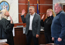 
			
				                                District Magistrate Alexandra Kokura Kravitz, left, swears in City of Pittston incumbents, left to right: Mayor Michael Lombardo and council members MaryPat Melvin Scarantino and Kenneth Bangs, on Monday at the city council chambers.
                                 Tony Callaio | For Times Leader

			
		