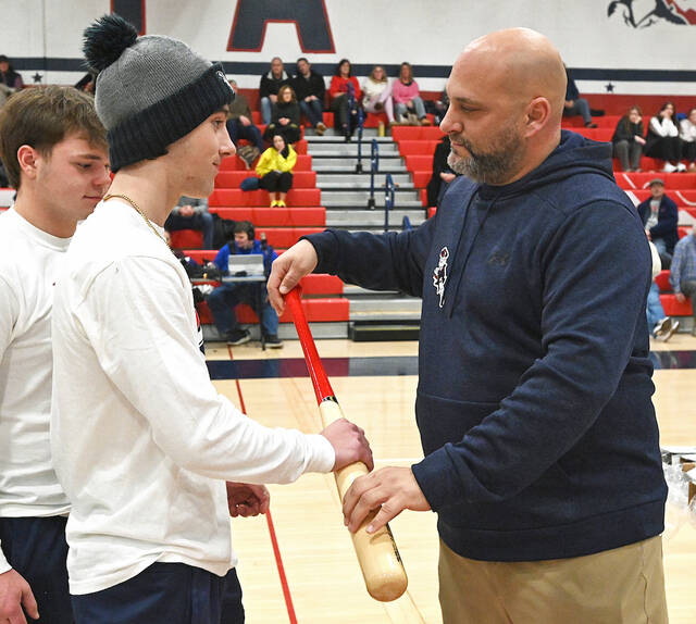 <p>Pittston Area assistant coach Jerry Ranieli hands senior Zack Budzak a team bat, noting the winning record of the 2025 team.</p>
<p>Tony Callaio | For Sunday Dispatch</p>