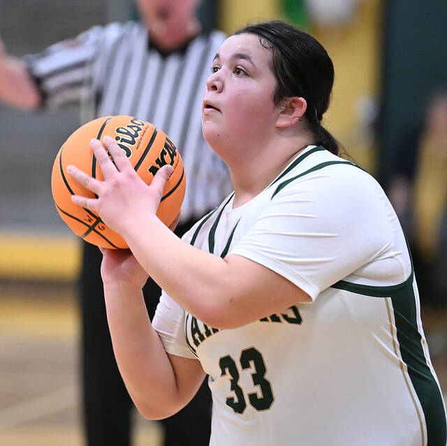 <p>Warrior Londyn Sobeck locks in on a 3-pointer against Hanover Area on Thursday. She hit for 11 points on the night.</p>
<p>Tony Callaio | For Sunday Dispatch</p>