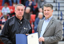 
			
				                                Pittston native, Tony Usavage, left, is shown with PA State Rep. Jim Haddock when Haddock presented Usavage a citation from the PA House of Representatives acknowledging his 50th year as a PIAA official prior to the Pittston Area-Hazleton Area girls basketball at Pittston Area on Thursday evening.
                                 Tony Callaio | For Sunday Dispatch

			
		