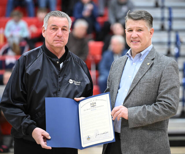 132084055_web1_Tony-Usavage-1
Pittston native, Tony Usavage, left, is shown with PA State Rep. Jim Haddock when Haddock presented Usavage a citation from the PA House of Representatives acknowledging his 50th year as a PIAA official prior to the Pittston Area-Hazleton Area girls basketball at Pittston Area on Thursday evening.
Tony Callaio | For Sunday Dispatch