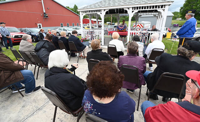 <p>Over 30 people attended the Hughestown Heroes Day honoring military members. The event was sponsored by the Hughestown Neighborhood Crime Watch, headed by now Mayor Lynda Hoban (at podium under gazebo). The gazebo was constructed and dedicated in 2023 in what is being called the Town Square.</p>
<p>Tony Callaio file photo | For Sunday Dispatch</p>