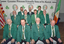 Greater Pittston Friendly Sons of St. Patrick hold President’s Dinner
Past presidents of the Greater Pittston Friendly Sons of St. Patrick assemble at the Presidents Dinner at The Knights 55 Hall. From left, first row: J.J. McFarland, Kevin OBrien Sr., John Gilligan, and Jim Rooney. Second row: Bill Williams, Patrick Gilligan, Paul Leonard, and Joe Long. Third row: Michael McFarland, Sean Rooney, and Matthew Meade.
Tony Callaio | For Sunday Dispatch