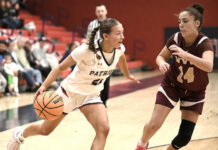 
			
				                                Patriot Lili Hintze (21) drives the baseline to score two of her 7 points on the night against Wyoming Valley West.
                                 Tony Callaio | For Sunday Dispatch

			
		