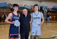 
			
				                                Dr. Eugene DeMinico presented the team Most Valuable Player awards following Saturdays Eugene R. DeMinico II Memorial Game. From left: Pittston Areas Jacob Ivey, DeMinico, and Wyoming Areas Luke Kopetchny.
                                 Tom Robinson | For Sunday Dispatch

			
		