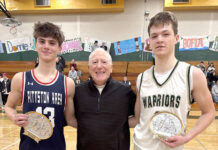 
			
				                                MVPs were chosen at the conclusion of the annual Eugene DeMinico, II Memorial Game, handed out by his father, Dr. Gene DeMinico, center, to Jacob Ivey, left, Pittston Area, and Luke Kopetchny, Wyoming Area.
                                 Tony Callaio | For Times Leader

			
		