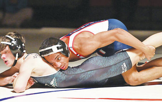 
			
				                                Mikel Roman, top, looks to turn over Wyoming Areas Chase Wilhem at 114 pounds. Roman defeated Wilhem 4-2 for a key early decision on Wednesday night.
                                 Tony Callaio | For Times Leader

			
		