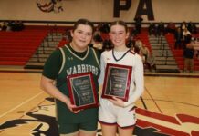 
			
				                                Wyoming Areas Londyn Sobeck and Pittston Areas Bella Dessoye received their teams MVP awards from Mondays game.
                                 Submitted Photo

			
		
