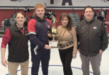 BATTLE OF THE BRIDGE: Spindler lands award in Pittston Area victory
The Barbrie Family handed out the first-ever Barbarie Family Outstanding Wrestler Award to Pittston Area senior Brody Spindler. From left: Pittston Area head wrestling coach Dave Krantz, Spindler, Gail Barbarie, and Frank Barbarie.
Tony Callaio | For Sunday Dispatch
