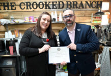 Crooked Branch Cafe in West Pittston holds ribbon-cutting
Leo Russo, a director of outreach for Rep. Rob Bresnahans office, presents a Certificate of Recognition prior to the ribbon-cutting ceremony held at The Crooked Branch.
Tony Callaio | For Sunday Dispatch
