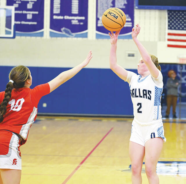<p>Dallas’ Caitlyn Mizzer (2) shoots a 3-pointer against North Pocono.</p>
<p>Tony Callaio | For Times Leader</p>