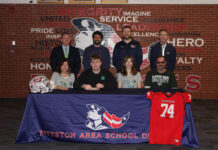 
			
				                                Pittston Area lineman Gunnar Zaledonis recently celebrated his commitment to play football at Slippery Rock University with a signing ceremony at the school. From left, first row: Angelina Zaledonis, Gunnar Zaledonis, Victoria Zaledonis, and Kevin Zaledonis. Second row: Dr. Chris Lazevnick, Pittston Area principal; Joseph Struckus, athletic director; Paul Russick, head football coach; and Chris Barnic, vice principal.
                                 Submitted Photo

			
		