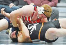 
			
				                                Pittston Areas Brody Spindler (top) sealed the team title for the Patriots with his Jan. 3 victory in the 215-pound championship bout over Tunkhannocks Jordan Milne.
                                 Tony Callaio file photo | For Sunday Dispatch

			
		