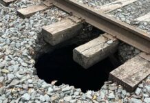 
			
				                                A sinkhole partially under Luzerne Countys rail line in Ashley is expected to temporarily suspend train traffic, county Redevelopment Authority Executive Director Margaret Thomas said Tuesday.
                                 Courtesy of Luzerne County Redevelopment Authority

			
		