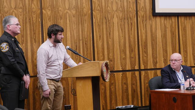 132195604_web1_policerequest
West Side Regional Police Chief Joseph Coffay and consultant Ted Ritsick appeared before Luzerne County Council on Tuesday to request $300,000 in county funding to demolish the vacant former St. Anthonys Church campus in Larksville so the site can house the future department headquarters. County Councilman Steve Coslett is seated at the right.
Jennifer Learn-Andes | Times Leader