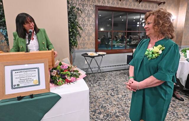 132202753_web1_NEWRossi-Distinguished-Woman-1
Mary Rossi, right, the Greater Pittston Womens Networks 2026 Distinguished Woman of the Year, receives a citation from PA State Rep. Brenda Pugh at Fox Hill Country Club on Thursday evening.
Tony Callaio | For Sunday Dispatch