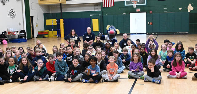 <p>Front office members from the Scranton/Wilkes-Barre RailRiders visited the Wyoming Area Primary Center on Thursday, March 12. Back row, left to right: Krista Lutzick, RailRiders’ Community Relations manager, Jon Stephenson, Assistant GM, Champ, Adam Marco, RailRiders’ Communications director and radio broadcaster.</p>
<p>Tony Callaio | For Sunday Dispatch</p>