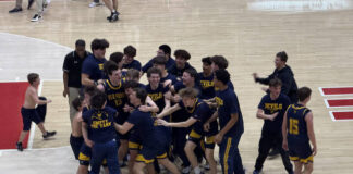
			
				                                Old Forge players celebrate their come-from-behind victory in the state quarterfinals March 14 at Pottsvilles Martz Hall.
                                 Tom Robinson | For Sunday Dispatch

			
		
