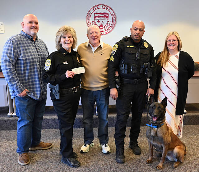 132216592_web1_DeMinico-Donation-Pittston-Twp.-1
The Eugene R. DeMinico II Memorial Foundation donated $11,000 to the Pittston Twp. Police Departments K9 Unit on Thursday. Left to right: Joseph Hawk, Pittston Twp. supervisor; Pittston Twp. Police Chief Lena Angelella; Dr. Gene DeMinico; Pittston Twp. Police Sgt. Ruddy Navarro; Zeus; and Ashley Aritz-Moska, DeMinico Foundation committee member.
Tony Callaio | For Sunday Dispatch