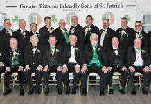 
			
				                                Greater Pittston Friendly Sons of St. Patrick Past Presidents present for the annual St. Patricks Day Dinner held at The Banks, Pittston. From left, first row: Michael Clark (1969), PJ Melvin (1980), James Mcfarland (1983), Kevin OBrien Sr. (1989), Hon. Joseph Carmody (1992), John Gilligan (2006), Shawn Casey D.M.D. (2007), James Rooney (2008), and Billy Williams (2009). Second row: Michael Cadden (2011), Patrick Gilligan (2012), Edward Hart (2014), Lee Monteforte (2015), Paul Leonard (2016), Joseph Long (2018), Shawn Slusser (2019), Matthew Meade (2020), Michael McFarland (2021), Shawn Brogan (2022), Errol OBrien (2024), and Sean Rooney (2025).
                                 Tony Callaio | For Sunday Dispatch

			
		