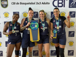 
			
				                                Professional basketball player Mia Hopkins, second from left, holds the trophy of her teams victory in the 3-on-3 basketball tournament in Brazil.
                                 Submitted Photo

			
		