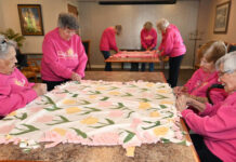 Wesley Village Sunshine Club shines
These women are tying two blankets together at the perimeter of each set. From left: Barbara Francovick, Lois Schwartz, Charlotte Bernardi, and Elissa Galli.
Tony Callaio | For Sunday Dispatch
