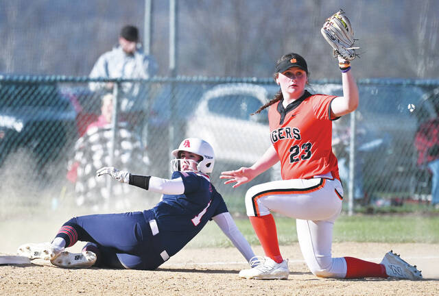 <p>Tunkhannock third baseman Kianna Hannon (23) looks for a call from the umpire after tagging out Pittston Area’s Jillian Haas on a throw from Tunkhannock right fielder Lucy Karp in the fifth inning.</p>
<p>Tony Callaio | For Times Leader</p>