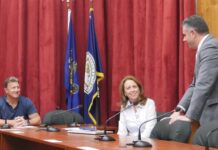Luzerne County Election Board approves May 19 primary election ballot
Luzerne County Assistant Solicitor Gene Molino, at right, welcomes new county Election Board member Roxanne Arreguin to Wednesdays board meeting as board Vice Chairman Rick Morelli looks on.
Jennifer Learn-Andes | Times Leader