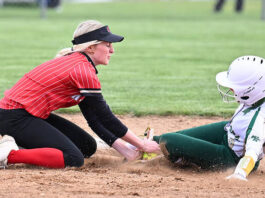 
			
				                                Holy Redeemers shortstop Covington Lehman tags out Wyoming Areas Allison Layland trying to steal in the fourth inning.
                                 Tony Callaio | For Times Leader

			
		