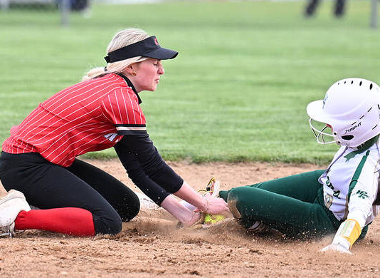 
			
				                                Holy Redeemers shortstop Covington Lehman tags out Wyoming Areas Allison Layland trying to steal in the fourth inning.
                                 Tony Callaio | For Times Leader

			
		
