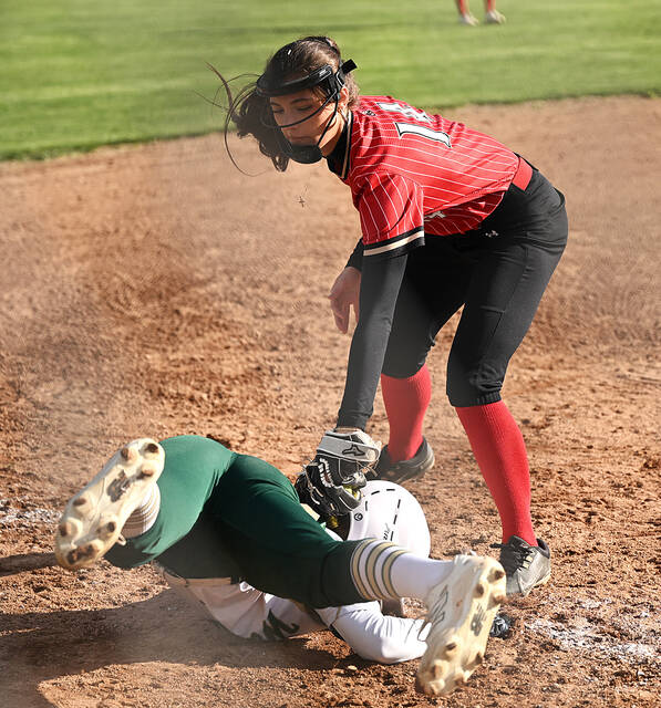 <p>Wyoming Area’s Josie Kivak is tagged out by Holy Redeemer third baseman Bella Boylan after she overran the base in the sixth inning.</p>
<p>Tony Callaio | For Times Leader</p>