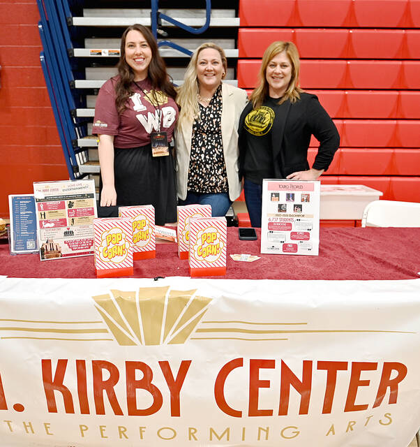 <p>Molly Walsh, left, and Joell Yarmel, right, of the F. M. Kirby Center for the Performing Arts, stand alongside Brandi Bartush, of the Greater Pittston Chamber of Commerce, a Career Exploration Day co-sponsor at Pittston Area.</p>
<p>Tony Callaio | For Sunday Dispatch</p>