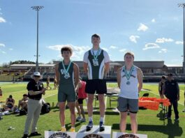 
			
				                                Wyoming Areas Luke Kopetchny won the long jump gold medal at Mondays Wyoming Valley Conference Track and Field Championships. His teammate Nicholas Kondrosky (left) took second in the event, and Lake-Lehmans Bodhi Cronin (right) finished third.
                                 Kevin Carroll | Sunday Dispatch

			
		
