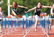 DISTRICT 2 CLASS 3A GIRLS TRACK: Sancho hurdles her way to state meet
Wyoming Areas Jenesa Sancho chases Delaware Valleys Emma Simmons across the finish line in the AAA Girls 100 Meter Hurdles final on Tuesday.
Fred Adams | For Times Leader
