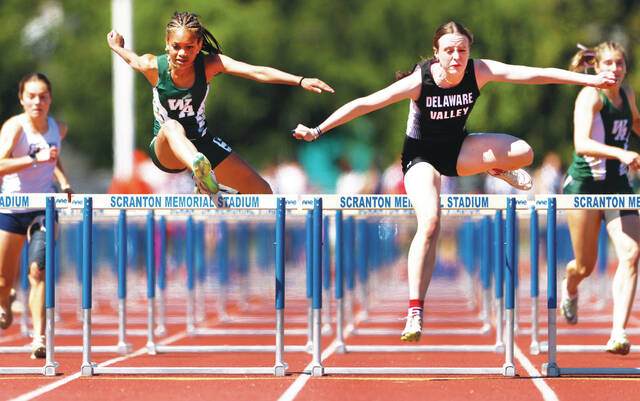 132353646_web1_w1_faa--1-
Wyoming Areas Jenesa Sancho chases Delaware Valleys Emma Simmons across the finish line in the AAA Girls 100 Meter Hurdles final on Tuesday.
Fred Adams | For Times Leader