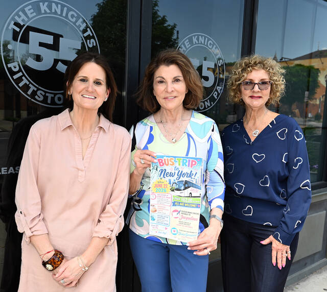 132372399_web1_Jacquelines-NYC-Bus-Trip-1
From left: Joleen DiMaggio, Diane Giovannini, and Rose Grimes of the Pittston Jacquelines of Knights 55 promote a bus trip to New York City on June 27. Seats are still available.
Tony Callaio | For Sunday Dispatch