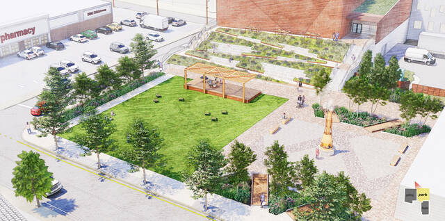 132372523_web1_Pittston-Parkade-Greenspace
This aerial-view rendering looking east shows the proposed greenspace located behind the Market & Main seven-story building, including the new American Theatre.
Submitted Artwork