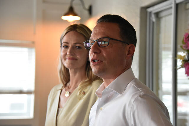 <p>Gov. Josh Shapiro talks about why he supports Paige Cognetti for Congress during Wednesday’s campaign event at The Avenue Restaurant and Catering in Wyoming, as Cognetti looks on.</p>
<p>Liz Baumeister | Sunday Dispatch</p>