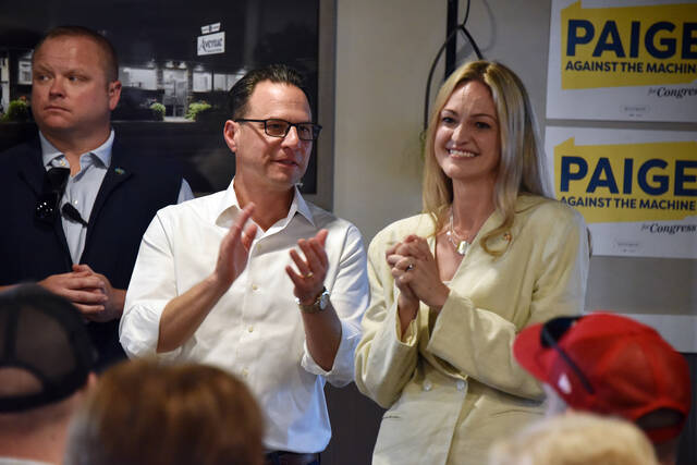 132372771_web1_Shapiro_Cognetti_02
Gov. Josh Shapiro shows his support for Scranton Mayor Paige Cognetti, who is running for Congress, during Wednesdays campaign event at The Avenue Restaurant and Catering in Wyoming.
Liz Baumeister | Sunday Dispatch