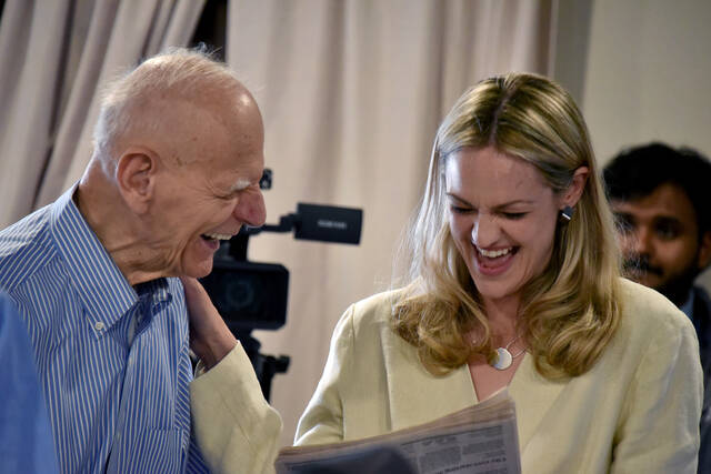 <p>Former Congressman Paul Kanjorski and Scranton Mayor Paige Cognetti, a congressional candidate, share a laugh during a campaign event on Wednesday afternoon at The Avenue Restaurant and Catering in Wyoming.</p>
<p>Liz Baumeister | Sunday Dispatch</p>