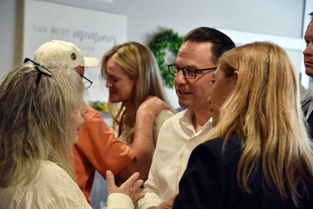 <p>Gov. Josh Shapiro visits with supporters on Wednesday at The Avenue Restaurant and Catering in Wyoming.</p>
<p>Liz Baumeister | Sunday Dispatch</p>