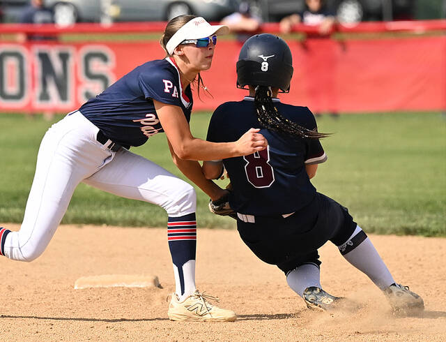 132374401_web1_PA-Shikellamy-sftbl-1
Patriot shortstop Lili Hintze, left, puts the tag on Shikellamys Kianah Lenner at second base.
Tony Callaio | For Sunday Dispatch