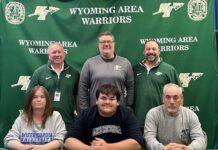 WA’s Lanunziata commits to Misericordia
Wyoming Area football player Tyler Lanunziata has committed to continue his academic and athletic careers at Misericordia University. The two-way tackle made three tackles for losses as a senior while helping the Warriors to a 9-2 season. From left, first row: Denise Lanunziata, mother; Tyler Lanunziata; and Paul Lanunziata, father. Second row: Warriors head coach Randy Spencer; Dr. Jon Pollard, superintendent; and Joe Pizano, athletic director.
Submitted Photo