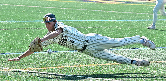132388283_web1_WA-Mid-Valley-D2-4A-Title-2
Wyoming Area third baseman David Favata saves an extra-base hit by stopping a grounder down the line by Mid Valleys Nick Mills in the third inning. Mills got a single on the play.
Tony Callaio | For Times Leader