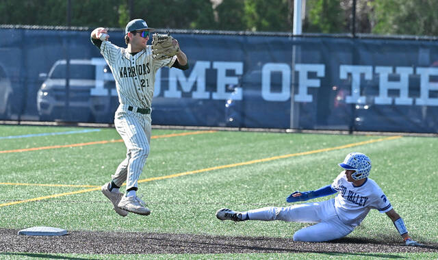 <p>Wyoming Area second baseman Bruno Pizzano attempts to turn a double play after getting out Mid Valley’s Jeremy Cali at second base in the fourth inning.</p>
<p>Tony Callaio | For Times Leader</p>